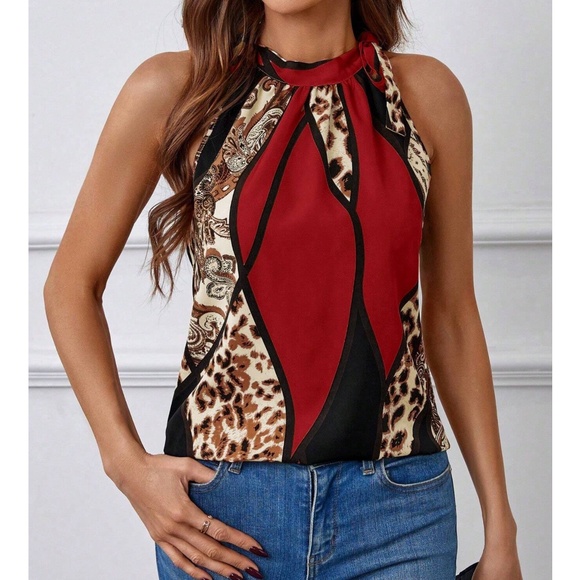 BellanBlue Tops - Leopard Print Color Block halter Neck Tie Tank Top